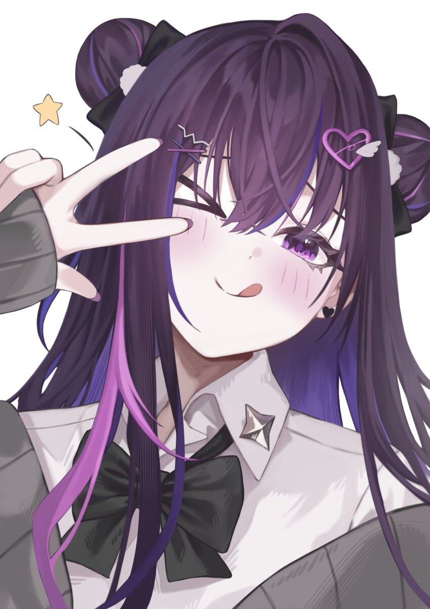 &gt;_o 1girl :q black_bow black_bowtie black_hair bow bowtie cardigan collared_shirt colored_inner_hair double_bun grey_cardigan hair_bow hair_bun hair_ornament hairpin heart heart_hair_ornament highres light_blush looking_at_viewer loose_bowtie mikure_narin multicolored_hair multiple_hairpins one_eye_closed pink_hair portrait purple_eyes purple_hair purple_nails riro_(rir_0) shirt simple_background single_hair_intake solo star_(symbol) streaked_hair tongue tongue_out virtual_youtuber vspo! vspo!_en w w_over_eye white_background white_shirt x_hair_ornament