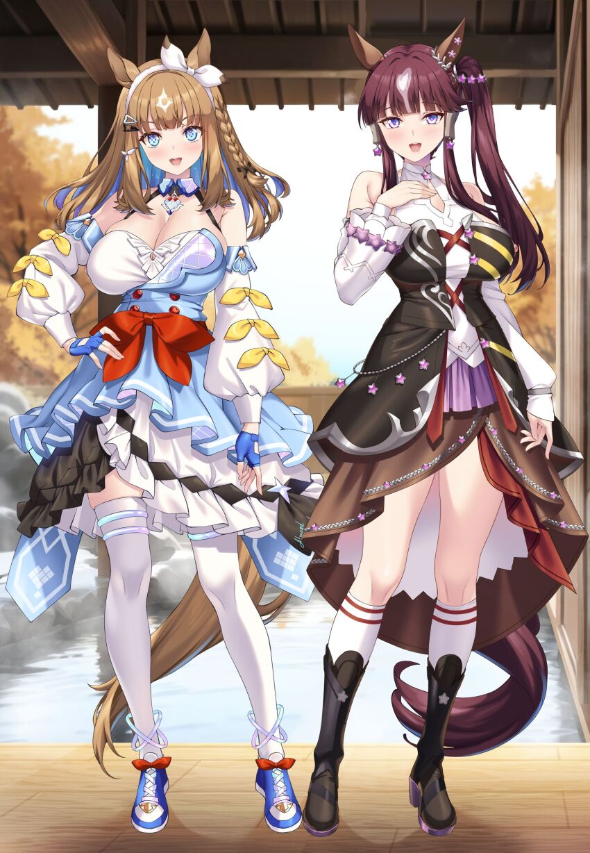 +_+ 2girls absurdres almond_eye_(umamusume) animal_ears arm_at_side bare_shoulders blue_eyes blue_gloves blunt_bangs bow braid braided_sidelocks breasts brown_hair brown_skirt brown_tail chest_jewel cleavage closed_mouth colored_inner_hair commentary_request detached_collar detached_sleeves ear_covers ear_ornament full_body gloves hair_ornament hairband hairclip hand_on_own_chest hand_on_own_hip hand_up highres horse_ears horse_girl horse_tail large_breasts laurel_ornament layered_skirt long_hair looking_at_viewer lucky_lilac_(umamusume) multicolored_hair multicolored_skirt multiple_girls onsen open_mouth purple_eyes purple_skirt red_skirt shirokuma_a shirt side_ponytail skirt sleeveless smile standing symbol-shaped_pupils tail toes umamusume white_hairband white_shirt white_sleeves x-shaped_pupils