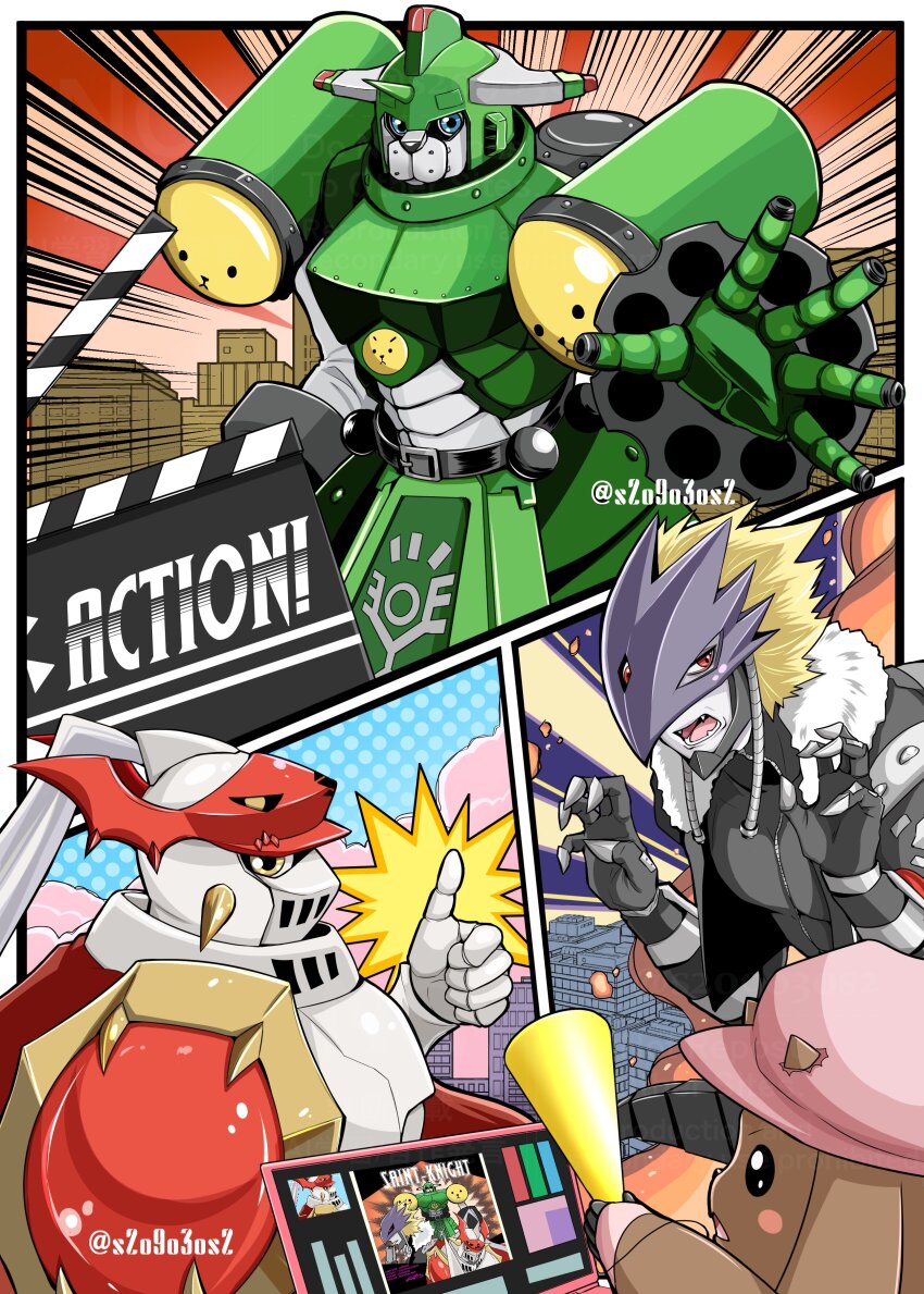 3boys absurdres armor beelzebumon black_jacket black_shirt blonde_hair colored_skin cowboy_shot cropped_jacket digimon digimon_(creature) dukemon eye_mask fangs green_armor grey_skin highres horns jacket knight kumi_(s2o9o3os2) lopmon mecha multiple_boys open_mouth robot saintgalgomon shirt short_hair single_horn third_eye thumbs_up white_armor