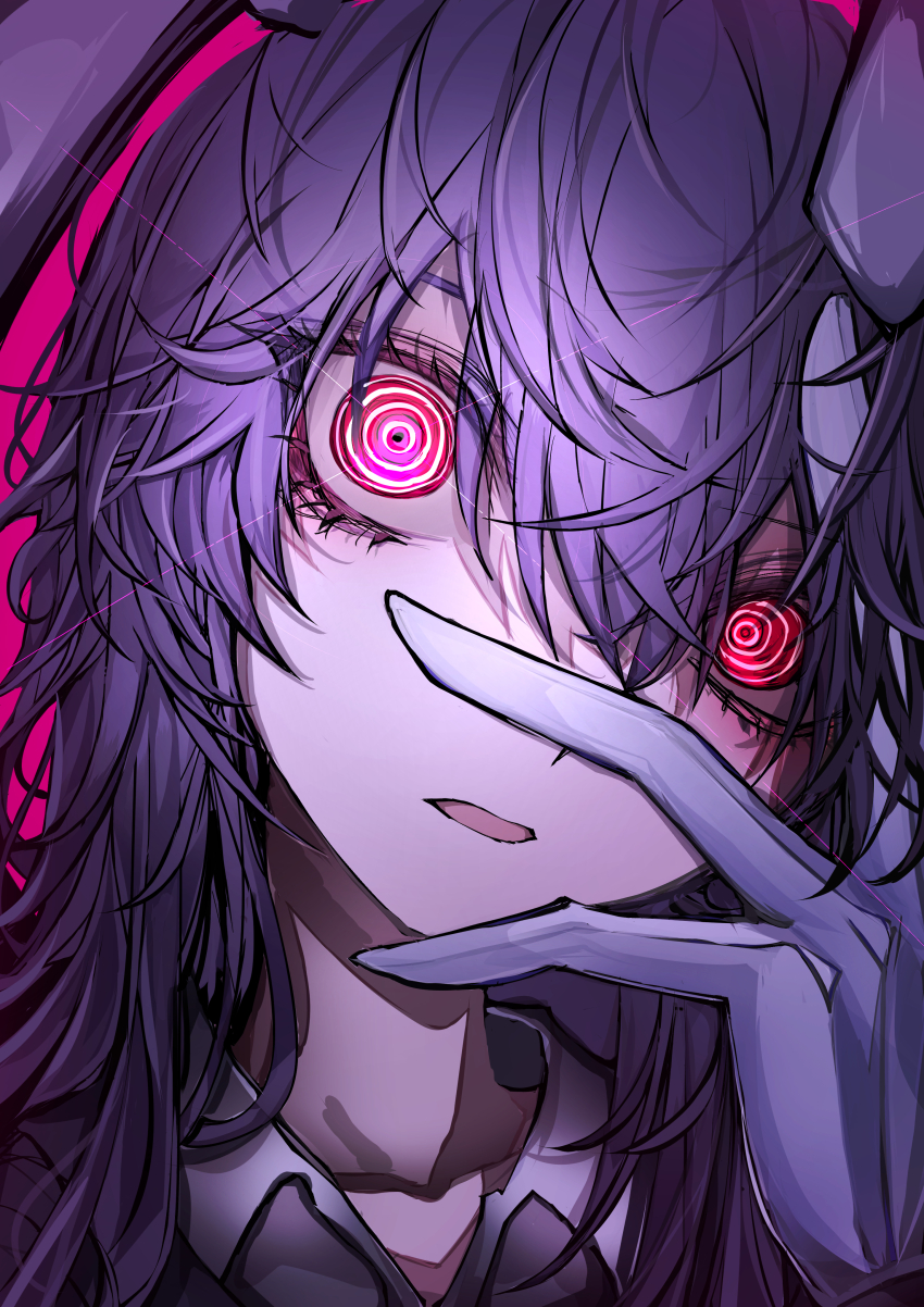 1girl 33_gaff absurdres animal_ears collared_shirt commentary gloves glowing glowing_eyes hair_between_eyes hand_over_face highres long_hair looking_at_viewer open_mouth portrait purple_eyes purple_hair rabbit_ears reisen_udongein_inaba ringed_eyes shirt solo touhou white_gloves white_shirt