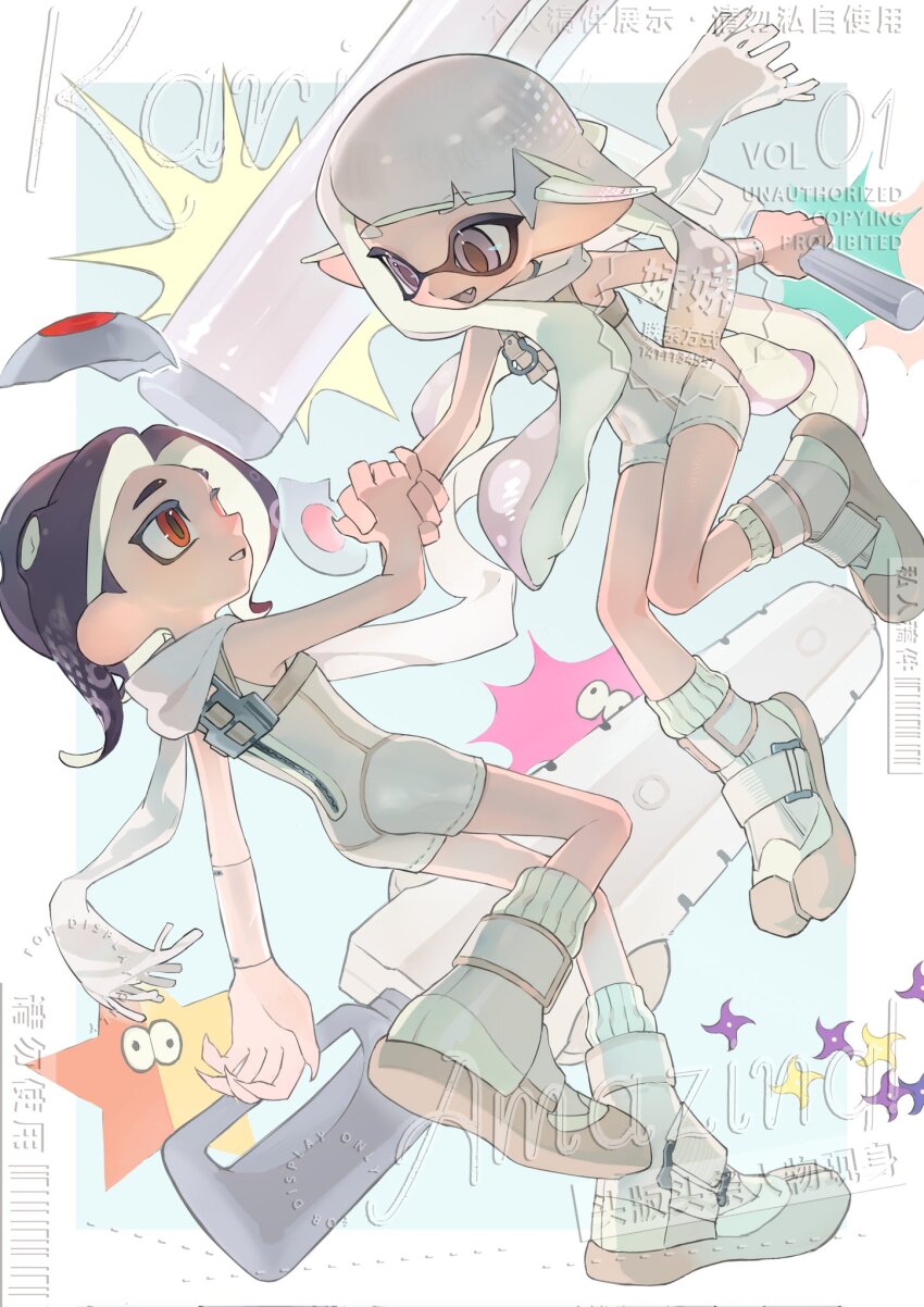 2girls agent_8_(splatoon) black_hair bodysuit border grey_hair handshake highres inkling inkling_girl inkling_player_character jelleton long_hair looking_at_another multiple_girls nintendo octoling octoling_girl octoling_player_character orange_eyes order_roller_(splatoon) order_splatana_(splatoon) p-pepper parallel_canon_(splatoon) scarf sleeveless sleeveless_bodysuit splatoon_(series) splatoon_3 splatoon_3:_side_order white_bodysuit white_border white_scarf