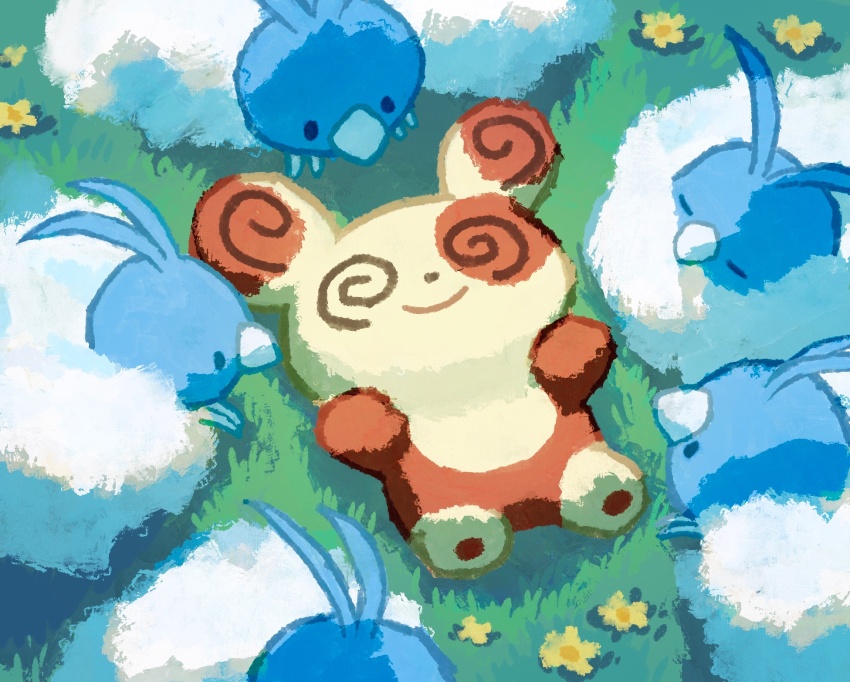 @_@ animal_focus aruco_co beak bird closed_eyes feathers flower fluffy gen_3_pokemon highres nintendo no_humans on_grass pokemon pokemon_(creature) sitting smile spinda swablu white_feathers