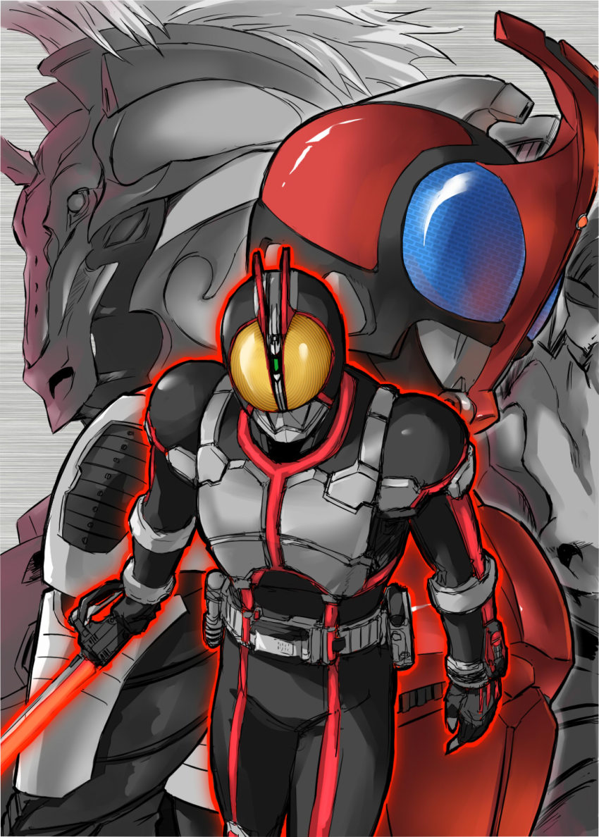 2boys belt chichihirosu highres horse_orphnoch kamen_rider kamen_rider_555 kamen_rider_faiz kamen_rider_kabuto kamen_rider_kabuto_(series) monster multiple_boys