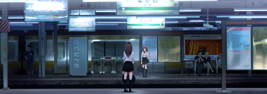 2girls absurdres bad_id bad_pixiv_id bag black_skirt black_socks blush brown_eyes brown_hair chikuwa_(glossymmmk) chikuwa_(odennabe) chromatic_aberration highres kneehighs loafers long_hair multiple_girls original pleated_skirt red_ribbon ribbon scenery school_bag school_uniform serafuku shirt shoes skirt sleeves_rolled_up smile socks standing train train_station waving white_shirt