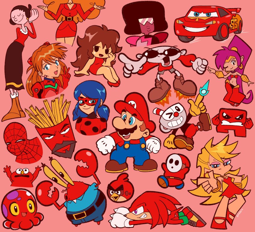 6+boys 6+girls = absurdres adult_swim angry_birds aqua_teen_hunger_force black_hair blonde_hair blue_eyes bodysuit breasts cars_(movie) cartoon_network codename:_kids_next_door crab crossover cuphead cuphead_(game) dark_skin dress elmo friday_night_funkin&#039; frylock garnet_(steven_universe) girlfriend_(friday_night_funkin&#039;) gloves grin hat highres hood knuckles_the_echidna ladybug_(character) lightning_mcqueen long_hair looking_at_viewer marinette_dupain-cheng mario mario_(series) marvel mask meat_boy mecha_pilot_suit meme midriff miraculous_ladybug mr._krabs multiple_boys multiple_girls must neon_genesis_evangelion nickelodeon nintendo numbuh_1 olive_oyl_(popeye) one_eye_closed overalls panty_&amp;_stocking_with_garterbelt panty_(psg) plugsuit_(evangelion) pointing ponytail popeye_the_sailor powerpuff_girls purple_hair rebuild_of_evangelion red_(angry_birds) red_background red_dress red_shirt sara_bellum sesame_street shantae shantae_(series) shirt shy_guy simple_background smile sonic_(series) sonic_the_hedgehog_(classic) sonic_the_hedgehog_3 souryuu_asuka_langley spider-man spider-man_(series) spongebob_squarepants_(series) squid squid_baron steven_universe sunglasses super_mario_bros._1 super_mario_bros._2 super_meat_boy trait_connection v very_long_hair wink