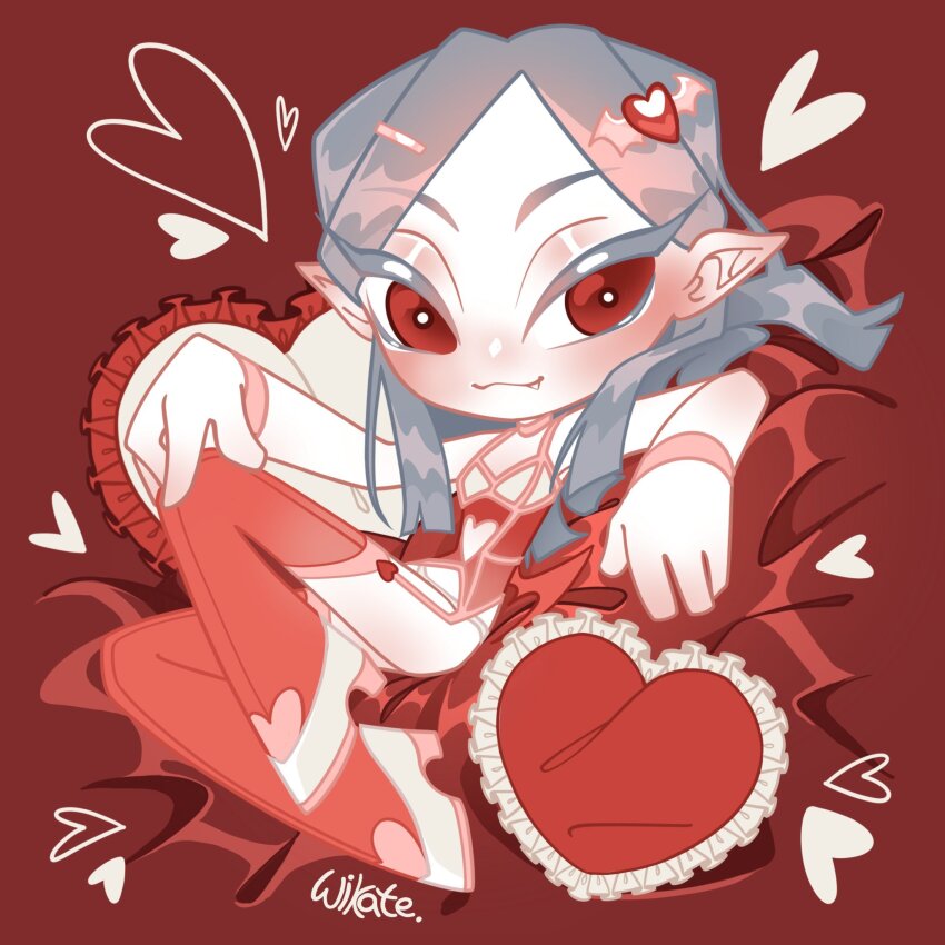 1girl :3 bare_shoulders bracelet bright_pupils character_request chibi choker closed_mouth clothing_cutout colored_eyelashes commentary commission english_commentary fang fang_out hair_ornament hair_spread_out hairclip hand_on_own_knee heart heart-shaped_pillow heart_cutout heart_hair_ornament high_heels highres indie_virtual_youtuber jewelry knee_up leotard light_blush lingerie long_sidelocks on_bed pale_skin pillow pointy_ears pumps red_eyes red_leotard red_thighhighs ribbed_thighhighs shoes sidelocks signature sitting smile solo stomach_cutout thighhighs tsurime underwear vampire virtual_youtuber white_choker white_pupils white_shoes wikate winged_heart