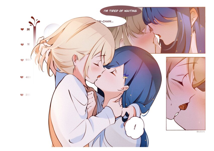 ! 2girls after_kiss arm_around_neck azusawa_kohane blonde_hair blue_hair blush closed_eyes english_text french_kiss grabbing_another&#039;s_hair hair_ornament hairclip hand_in_another&#039;s_hair heart highres holding_another&#039;s_hair kisikarts kiss kiss_meter_(meme) long_hair long_sleeves meme multiple_girls open_mouth project_sekai saliva shiraishi_an shirt short_hair speech_bubble spoken_exclamation_mark star_(symbol) star_hair_ornament tongue tongue_out white_background white_shirt yuri