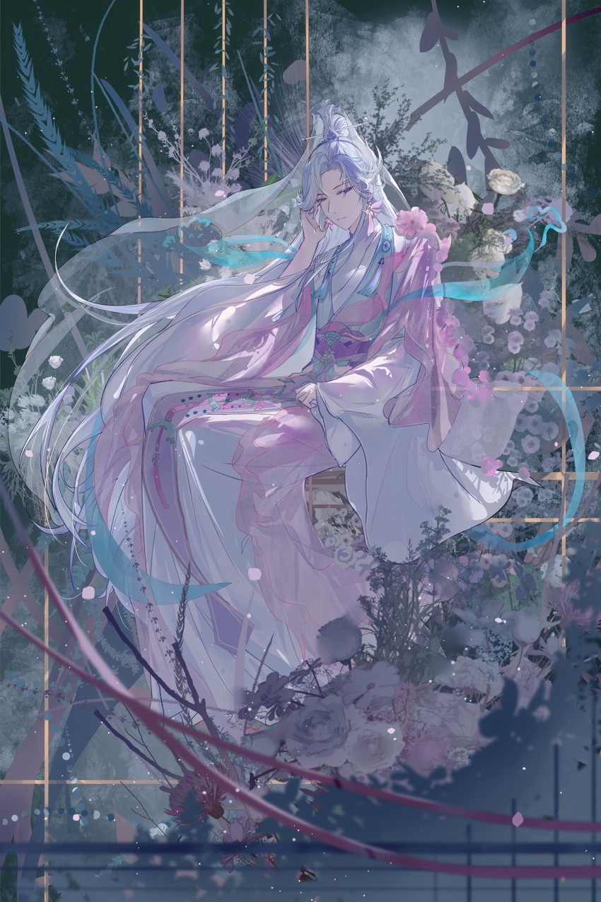 1boy baiguigelierwan blurry blurry_foreground branch cael_anselm chinese_clothes closed_mouth coat curtained_hair daisy_(flower) earrings flower flower_earrings full_body hagoromo half-closed_eyes hanfu highres jewelry leaf light_smile long_hair long_sleeves looking_at_viewer lovebrush_chronicles male_focus open_clothes open_coat parted_bangs pink_coat pink_flower purple_eyes purple_sash robe rose sash see-through_clothes see-through_coat shawl sitting solo stool tassel topknot tucking_hair veil white_flower white_hair white_robe white_rose white_veil wide_sleeves xiao_guan_(headdress)