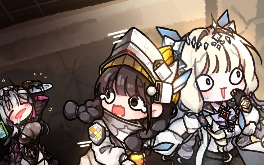 3girls absurdres black_dress black_gloves black_ribbon black_shorts blonde_hair braid breasts brown_hair brown_sweater bug chibi chime_(nikke) cleavage coat collared_shirt crown_(nikke) detached_sleeves diadem dress drill_hair gloves goddess_of_victory:_nikke grey_hair hair_ornament hair_ribbon headgear helmet highres jewelry large_breasts leamun long_hair marian_(nikke) modernia_(nikke) modernia_(second_affection)_(nikke) multiple_girls necklace open_mouth plate ribbon see-through_clothes see-through_cleavage shirt shorts spider sweater tarantula tearing_up white_coat white_shirt