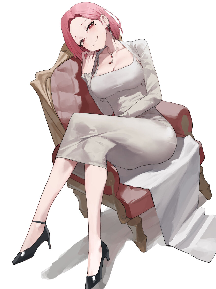 1girl absurdres ankle_strap black_shoes blush breasts cleavage closed_mouth collarbone commentary crossed_legs dongtan_dress dress earrings eun-chae forehead grey_dress grey_jacket high_heels highres indie_virtual_youtuber jacket jewelry korean_commentary large_breasts looking_at_viewer mac_star meme_attire mole mole_on_breast mole_under_eye necklace on_chair red_eyes red_hair shoes short_hair sitting smile solo virtual_youtuber