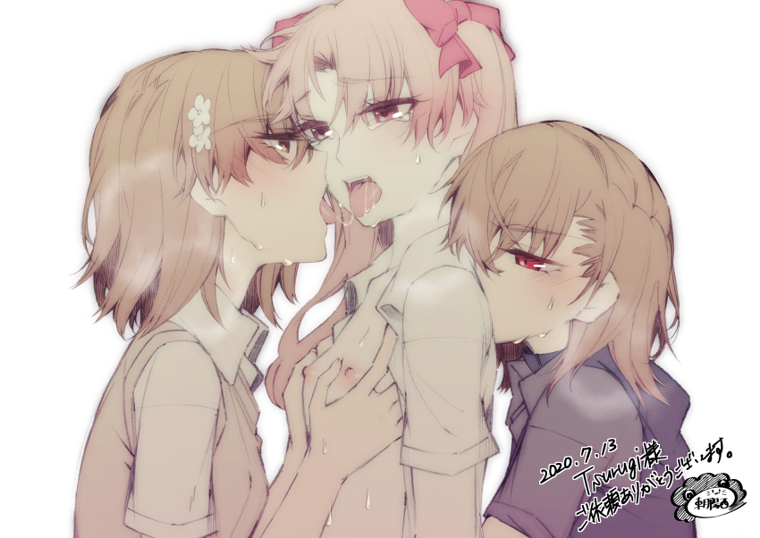 2girls 3girls absurdres artist_logo blush bow breasts brown_eyes brown_hair character_request collared_shirt commentary_request flower french_kiss groping group_sex hair_bow hair_flower hair_ornament hair_ribbon higashizukihi_sei highres kiss kissing_shoulder logo long_hair looking_at_another misaka_mikoto multiple_girls nipples no_bra open_clothes open_mouth red_bow red_eyes red_ribbon ribbon saliva school_uniform shirai_kuroko shirt short_hair short_sleeves simple_background small_breasts steam sweat sweater_vest threesome toaru_kagaku_no_railgun toaru_majutsu_no_index tokiwadai_school_uniform tongue tongue_out twintails upper_body white_background white_shirt yuri