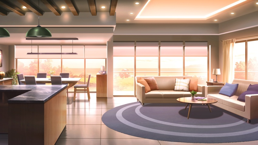 book ceiling_light coffee_table couch cup desk_lamp dining_room glowing highres horizon indoors kitchen lamp no_humans non-web_source official_art our_life:_beginnings_and_always pillow plant potted_plant railing reflective_floor rug scenery sunset table tile_floor tiles tree vase window_light window_shutter wooden_chair wooden_table