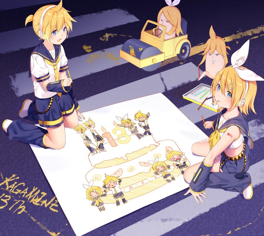 &gt;_&lt; 1boy 1girl absurdres anniversary arm_warmers back-to-back banana banana_slice bass_clef birthday_cake black_collar black_shorts blank_eyes blonde_hair blue_eyes bow cake candle character_name clenched_teeth collar colored_pencil commentary crayon crop_top detached_sleeves drawing driving food fruit grey_collar grey_shorts grey_sleeves hair_bow hair_ornament hairclip headphones highres hmniao kagamine_len kagamine_len_(append) kagamine_len_(vocaloid4) kagamine_rin kagamine_rin_(append) kagamine_rin_(vocaloid4) kneeling leg_warmers len_no_youchuu looking_at_another looking_at_viewer miniskirt nail_polish neckerchief necktie orange_(fruit) orange_slice paint paper pencil ponytail rin_no_youchuu road sailor_collar school_uniform shirt short_hair short_ponytail short_shorts short_sleeves shorts shoulder_tattoo sitting skirt sleeveless sleeveless_shirt smile spiked_hair steamroller street swept_bangs tattoo teeth tongue tongue_out treble_clef vocaloid vocaloid_append wariza white_bow white_shirt yellow_nails yellow_neckerchief