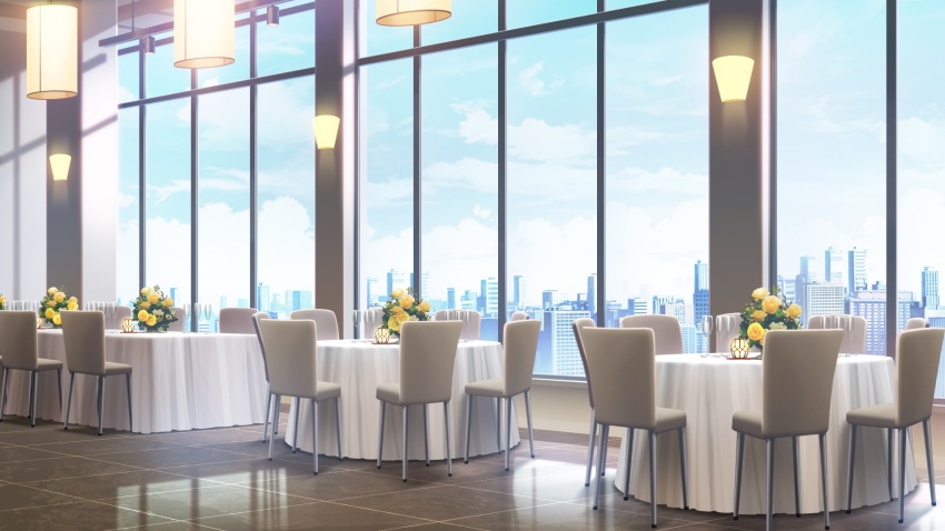 blue_sky ceiling_light chair cityscape cloud cloudy_sky day dining_room flower highres indoors no_humans non-web_source official_art our_life our_life:_beginnings_and_always rose scenery sky tablecloth tile_floor tiles variant_set vase wall_lamp window window_light yellow_flower yellow_rose