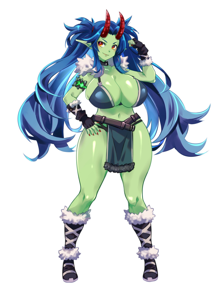 1girl armlet armor belt bikini_armor black_choker black_gloves blue_hair boots breasts choker clenched_hand colored_skin dairoku_ryouhei fingerless_gloves full_body fur-trimmed_boots fur-trimmed_gloves fur_trim gloves green_skin hand_on_own_hip hand_up highres horns jewelry large_breasts long_hair navel orange_eyes pelvic_curtain pointy_ears red_horns red_nails revealing_clothes smile solo standing su_(pixiv44447) transparent_background twintails very_long_hair