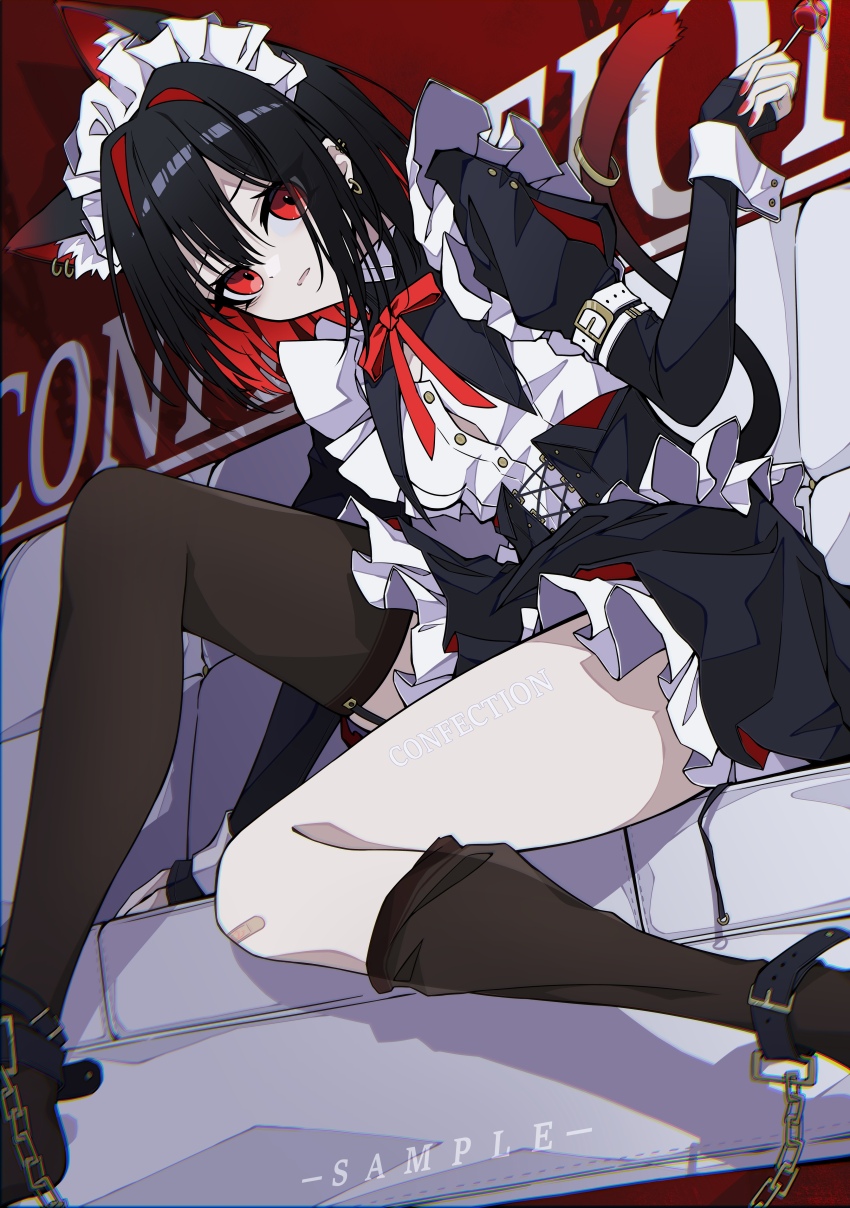 1girl absurdres black_corset black_hair black_pantyhose black_survival black_thighhighs character_request corset eternal_return:_black_survival garter_belt highres long_hair maid maid_headdress multicolored_hair pantyhose red_eyes red_hair red_ribbon ribbon solo thighhighs thighs two-tone_hair white_headdress xueding&#039;e_de_chou_xiongmao