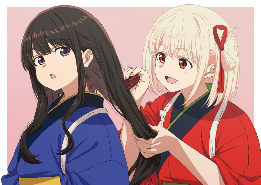 2girls asada7101 black_eyes black_hair blonde_hair brown_eyes brushing_hair highres inoue_takina japanese_clothes kimono long_hair looking_at_another lycoris_recoil multiple_girls nishikigi_chisato open_mouth