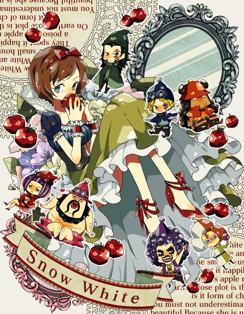 2girls 6+boys afro apple arm_up bartholomew_kuma belo_betty belt black_hair blonde_hair blue_cape blue_eyes blunt_bangs book brown_hair cape chibi cigarette coat commentary_request cosplay emporio_ivankov facial_hair facial_tattoo food fruit glasses goggles goggles_on_headwear green_cape hat heart high_heels highres holding holding_book holding_cigarette holding_food holding_fruit inazuma_(one_piece) jewelry koala_(one_piece) long_coat looking_at_viewer monkey_d._dragon morley_(one_piece) multicolored_coat multicolored_hair multiple_boys multiple_girls mustache neck_ribbon necklace noise_pp one_piece orange_hair purple_hair purple_vest red_cape red_footwear ribbon sabo_(one_piece) scar scar_on_face short_hair sitting smile snow_white_(disney) snow_white_(disney)_(cosplay) swept_bangs tattoo two-tone_hair vest white_coat white_hair yellow_coat
