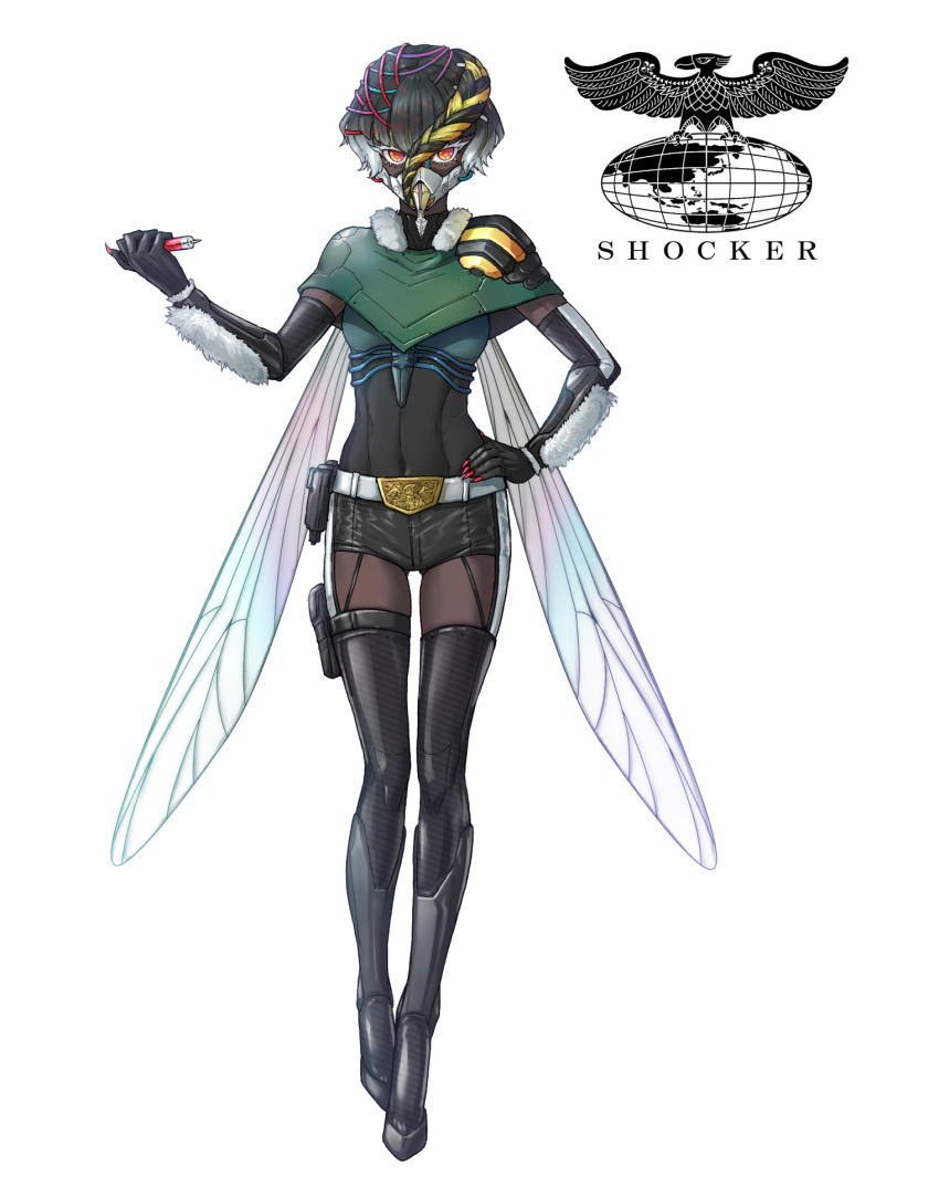 1girl arthropod_girl belt belt_buckle black_hair blonde_hair buckle colored_eyelashes commentary cyborg dark-skinned_female dark_skin eidenjyou1997 elbow_gloves english_commentary garter_straps genderswap genderswap_(mtf) gloves hand_on_own_hip highres holding holding_syringe insect_wings kamen_rider kamen_rider_(1st_series) logo monster_girl mosquiras mosquito_girl multicolored_hair orange_eyes proboscis shocker_(kamen_rider) shorts simple_background solo syringe thighhighs white_background white_belt white_hair wings