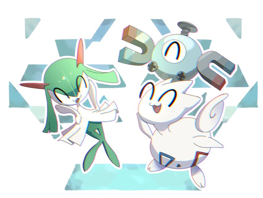 colored_skin gen_1_pokemon gen_2_pokemon gen_3_pokemon green_hair green_skin highres horns kirlia magnemite magnet multicolored_skin mxlaghrsuk33yws nintendo open_mouth pokemon pokemon_(creature) screw sidelocks smile togetic two-tone_skin white_skin