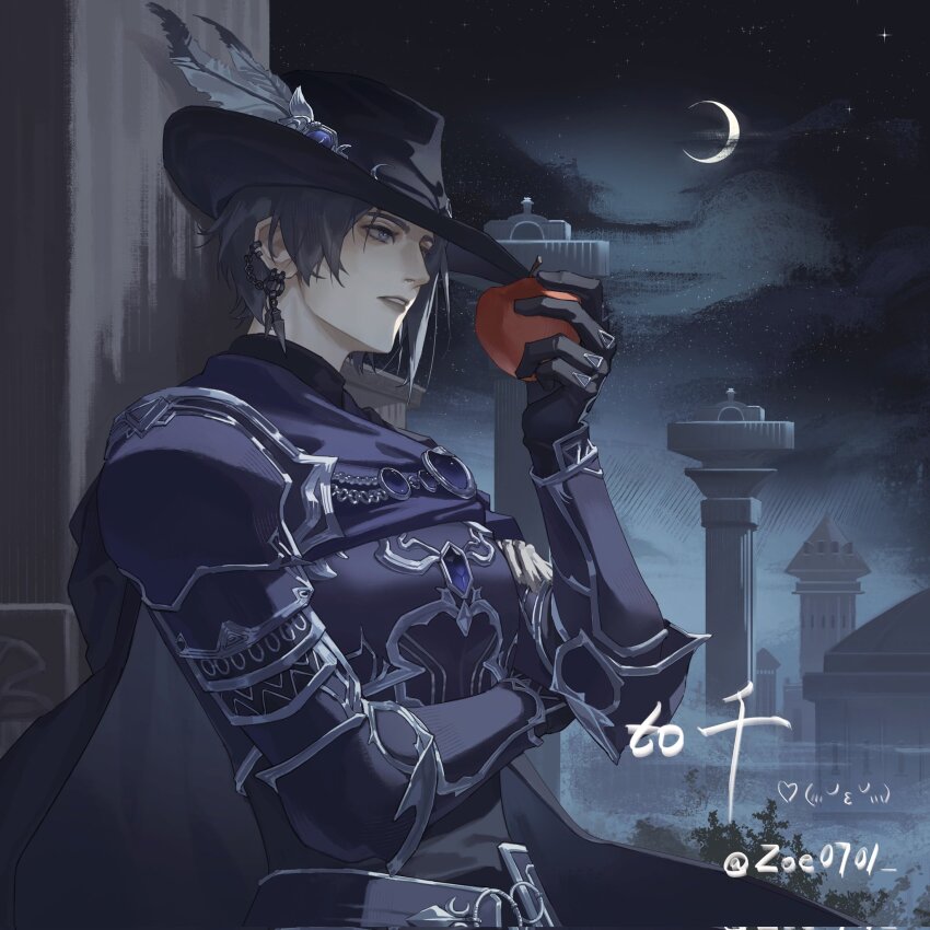 1girl apple armor black_cape black_gloves black_hair black_hat blue_eyes cape cloud cloudy_sky column ear_piercing final_fantasy final_fantasy_xiv food fruit geranbb gift_art gloves hand_up hat hat_feather highres holding holding_food holding_fruit night night_sky outdoors parted_lips pauldrons piercing pillar reaper_(final_fantasy) short_hair shoulder_armor sky solo tricorne upper_body zero_(ff14)