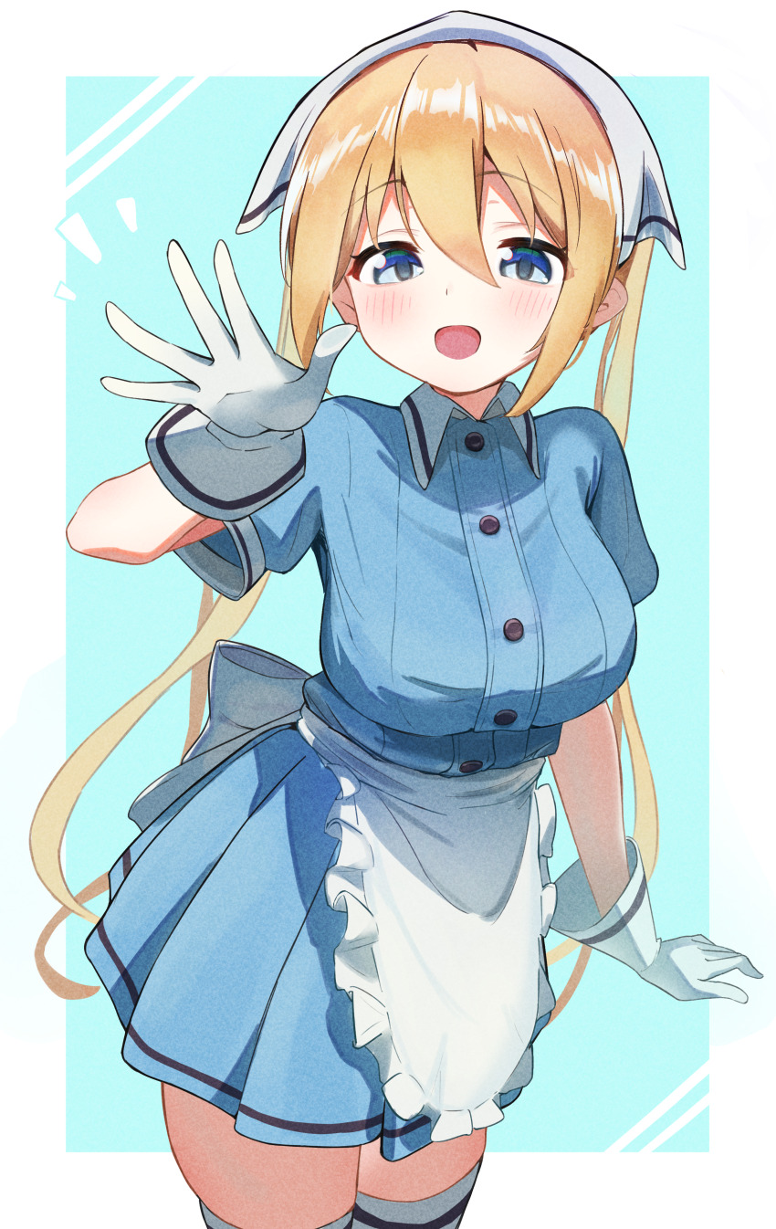 1girl absurdres apron aqua_background blend_s blonde_hair blue_dress blue_eyes border breasts collared_dress commentary cowboy_shot dress gloves hair_between_eyes hand_up headscarf highres hinata_kaho large_breasts light_blush long_hair open_mouth outside_border pleated_dress short_dress sidelocks smile solo standing stile_uniform thighhighs twintails urashima_jiro waist_apron white_apron white_border white_gloves white_headscarf white_thighhighs