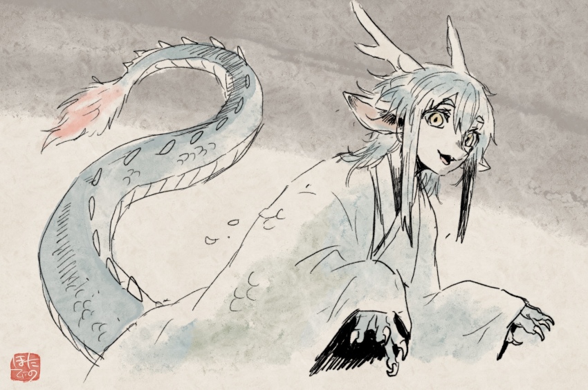 1boy animal_ears animal_hands blue_hair claws commentary_request dragon_boy dragon_ears dragon_horns dragon_tail eastern_dragon_horns eastern_dragon_tail green_kimono grey_background highres horns hotathino japanese_clothes kimono long_hair looking_at_viewer male_focus monster_boy original scales solo tail upper_body yellow_eyes