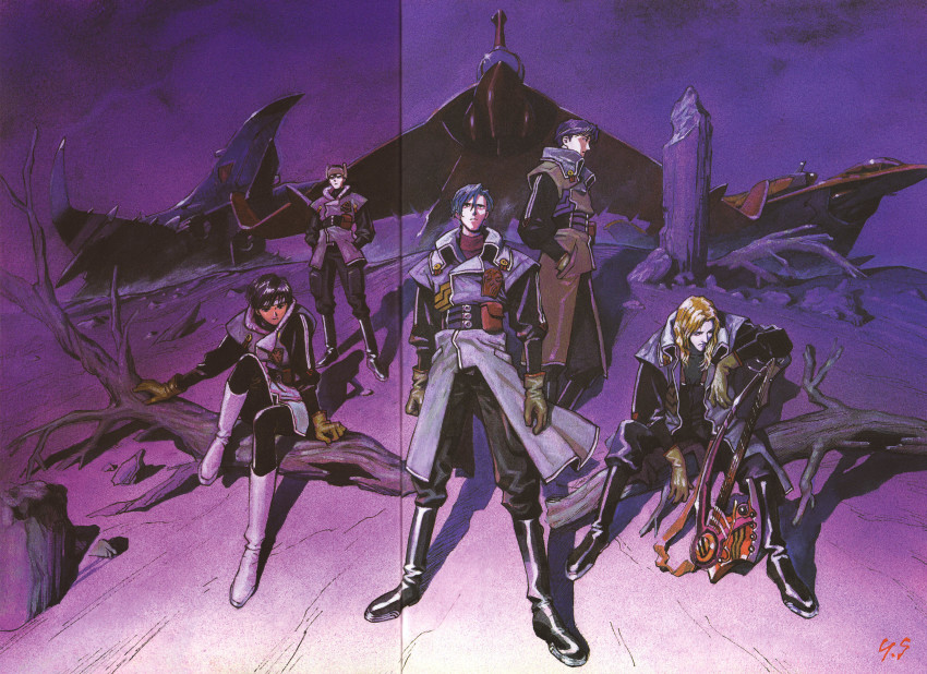 1990s_(style) 1girl 4boys absurdres aircraft aoki_uru blonde_hair blue_hair gainax guitar highres instrument military military_uniform multiple_boys pilot retro_artstyle russian_hat sadamoto_yoshiyuki scan