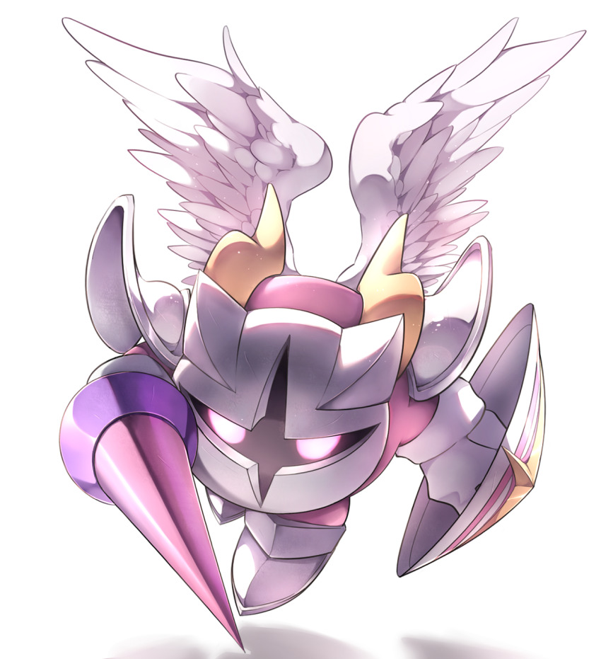 1boy armor baku colored_skin eyes_in_shadow feathered_wings floating galacta_knight gloves glowing glowing_eyes highres holding holding_lance holding_polearm holding_shield holding_weapon horns kirby_(series) lance male_focus mask mittens nintendo no_humans pauldrons pink_eyes pink_skin polearm shield shoulder_armor simple_background solo weapon white_background white_footwear white_wings wings