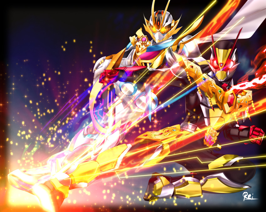 2boys absurdres antennae armor artist_name belt black_bodysuit bodysuit cosplay finishing_move full_body gem gloves glowing glowing_eyes gold_trim helmet highres horns houou_kaguya_quartz ichinose_houtarou ishimori_prod jewelry kamen_rider kamen_rider_01_(series) kamen_rider_gotchard kamen_rider_gotchard_(series) kamen_rider_legend kamen_rider_platina_gotchard kamen_rider_zero-one kamen_rider_zero-two kamen_rider_zero-two_(cosplay) legend_kamen_riser legendriver long_sleeves male_focus multiple_boys red_eyes reiei_8 rider_belt rider_kick scarf sparkle toei_company tokusatsu tv_asahi white_bodysuit white_helmet white_scarf