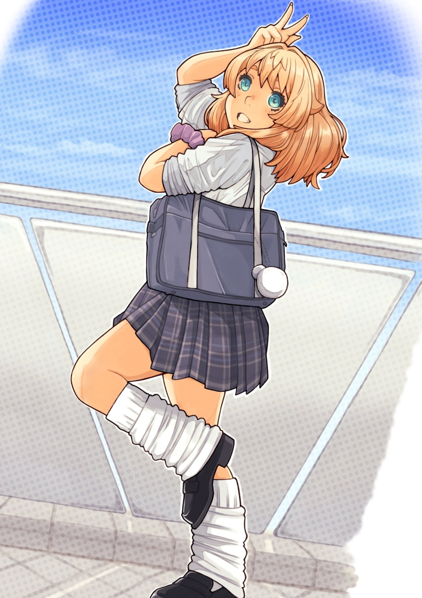 1girl arm_above_head arm_scrunchie bag ben-day_dots black_shoes blonde_hair blue_bag blue_eyes blue_skirt blue_sky character_request commentary copyright_request english_commentary floating_hair from_behind grin highres looking_back medium_hair open_mouth outdoors pink_scrunchie plaid_clothes plaid_skirt pleated_skirt screentones scrunchie shirt shoes short_sleeves shoulder_bag sidewalk skirt sky smile socks solo sugajyun v vignetting walking white_shirt white_socks window