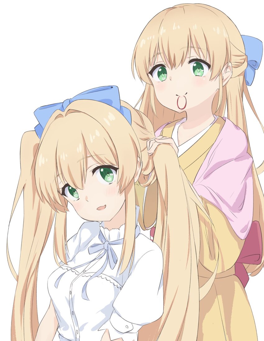 2girls back_bow blue_bow blue_ribbon blush bow bunching_hair closed_mouth commentary_request cowboy_shot domotteru dual_persona hair_between_eyes hair_bow hair_intakes hair_tie_in_mouth half_updo highres japanese_clothes kimono long_hair long_sleeves looking_at_another looking_at_viewer looking_down mouth_hold multiple_girls neck_ribbon open_mouth pink_shawl red_bow ribbon ringed_eyes shawl shirt short_sleeves sidelocks simple_background smile split_mouth spoilers summer_pockets tsumugi_wenders twintails upper_body very_long_hair white_background white_shirt wide_sleeves yellow_kimono