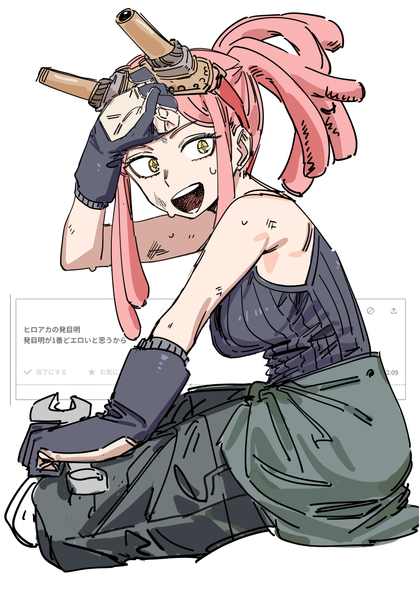 1girl absurdres boku_no_hero_academia breasts dirty goggles goggles_on_head haruyuki_(gffewuoutgblubh) hatsume_mei highres indian_style medium_breasts pink_hair ponytail request_inset ribbed_tank_top sitting wiping_forehead work_gloves wrench yellow_eyes