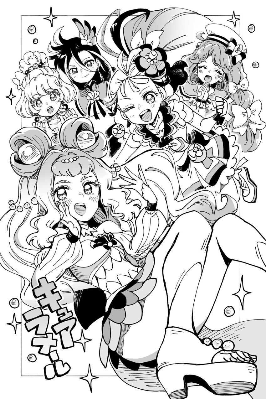 5girls bow closed_mouth crop_top cure_coral cure_flamingo cure_la_mer cure_papaya cure_summer detached_sleeves double_bun earrings elbow_gloves eyelashes facing_viewer fingerless_gloves floating floating_hair flower gloves greyscale hair_between_eyes hair_bow hair_bun hair_flower hair_ornament hat hat_bow highres ichinose_minori jewelry laura_la_mer long_hair long_sleeves low_twintails magical_girl monochrome multicolored_hair multiple_girls multiple_hair_bows natsuumi_manatsu one_eye_closed open_mouth own_hands_together platform_footwear precure puffy_long_sleeves puffy_sleeves sharumon short_bangs short_hair side_ponytail skirt sleeveless smile streaked_hair suzumura_sango takizawa_asuka tareme teeth toeless_footwear tropical-rouge!_precure twintails two-tone_hair upper_teeth_only very_long_hair wavy_hair