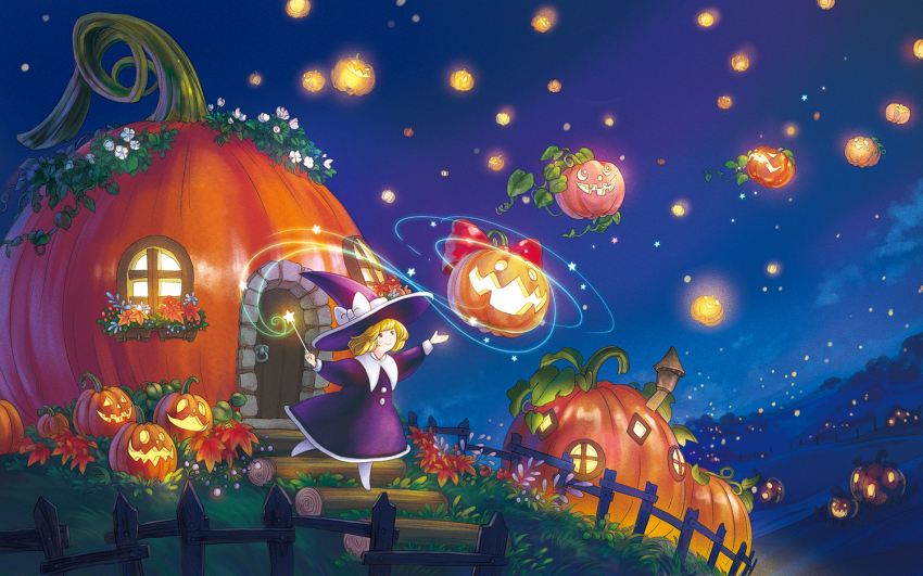 1girl blonde_hair bow door dress fence flower halloween hat house jack-o&#039;-lantern magic night night_sky original outdoors pumpkin sky smile solo star_(sky) starry_sky wand witch witch_hat yellow_eyes yukoiwase