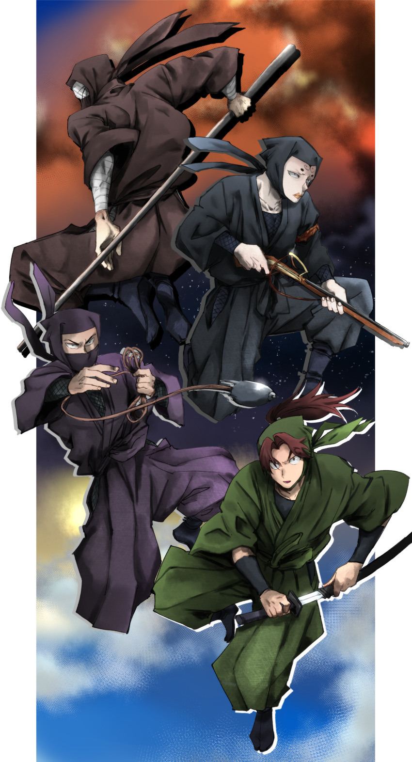 4boys absurdres akasuna_no_hedoro antique_firearm arm_guards arquebus bandaged_arm bandages brown_hair character_request collarbone firearm firelock flail gun highres holding holding_sword holding_weapon japanese_clothes katana long_sleeves mask matchlock multiple_boys ninja ponytail rakudai_ninja_rantarou rifle shousei sword weapon yamada_rikichi zatto_konnamon