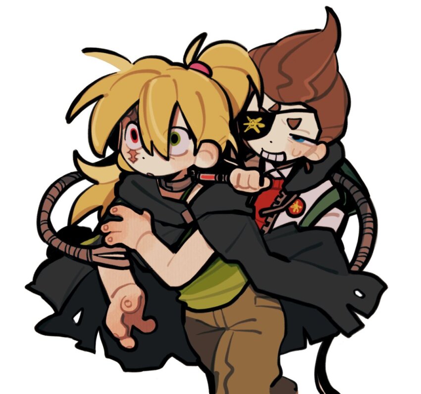 1boy 1girl blonde_hair brown_hair cindy_vortex cloak eyepatch heterochromia jimmy_neutron jimmy_neutron_(series) looking_at_viewer messy_hair pants ponytail shirt short_hair smile tagme warwickalantero