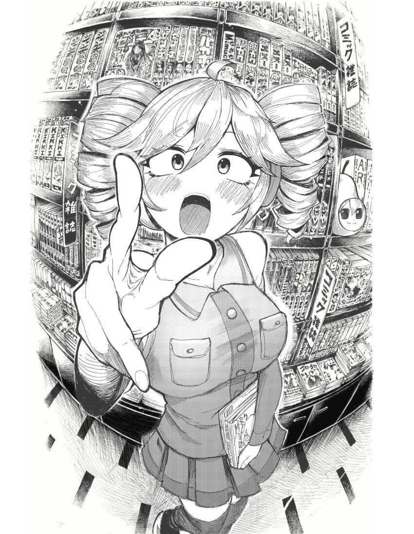 blush book bookshelf drill_hair fisheye highres holding holding_book holding_manga kasane_teto manga_(object) monochrome open_mouth pearto pleated_skirt pointing pointing_at_viewer shop skirt sleak twin_drills utau wide-eyed