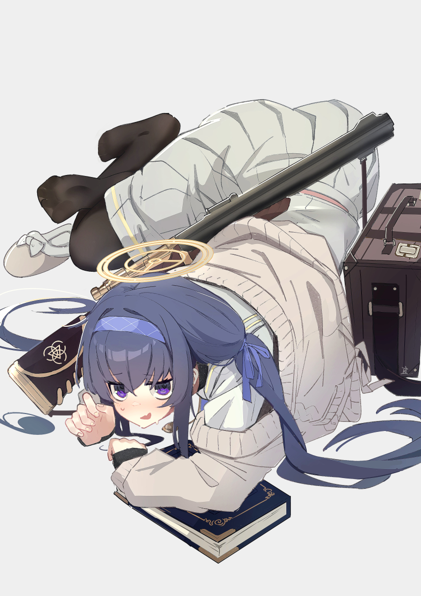 1girl absurdres bags_under_eyes black_pantyhose blue_archive blue_hair blue_hairband blue_ribbon book cardigan collared_shirt fang grey_background gun hair_between_eyes hair_ribbon hair_spread_out hairband halo highres jitome kilabo long_hair looking_at_viewer low_twintails luggage lying on_stomach open_mouth pantyhose pleated_skirt purple_eyes ribbon rifle shirt simple_background skin_fang skirt slippers smile solo spread_toes sweat toes twintails ui_(blue_archive) unworn_slippers very_long_hair weapon white_shirt white_skirt
