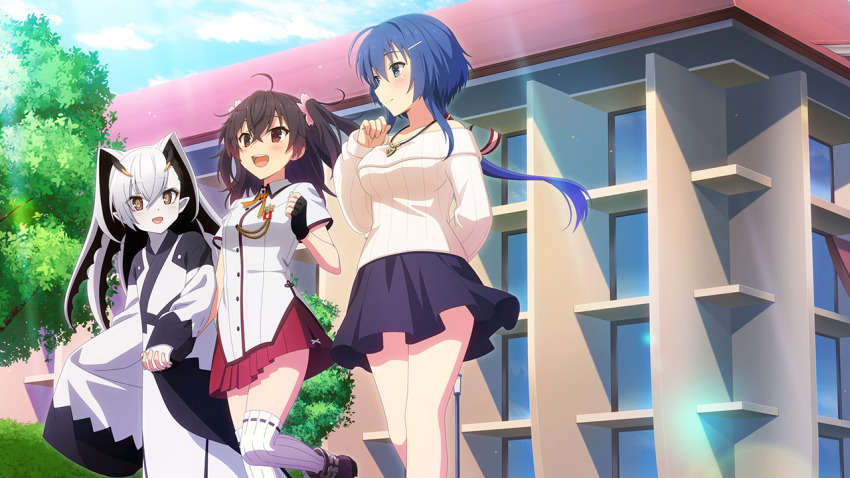 3girls :d ahoge asakura_mihono black_gloves black_nails blue_eyes blue_hair blush breasts brown_footwear brown_hair building clenched_hand closed_mouth colored_skin day fingerless_gloves game_cg gloves hair_between_eyes hair_ornament hairclip heart heart_necklace holding_hands interlocked_fingers jewelry kohime_(toji_no_miko) large_breasts long_hair long_sleeves looking_at_another medium_breasts miniskirt minoseki_gakuin_uniform mole mole_under_eye multiple_girls nail_polish neck_ribbon necklace official_art open_mouth orange_eyes orange_ribbon outdoors pleated_skirt purple_skirt red_eyes red_skirt ribbon school_uniform setouchi_chie shirt shoes short_sleeves sidelocks skirt smile standing summer_uniform sweater thighhighs toji_no_miko toji_no_miko:_kizamishi_issen_no_tomoshibi tree two_side_up walking white_shirt white_skin white_sweater white_thighhighs