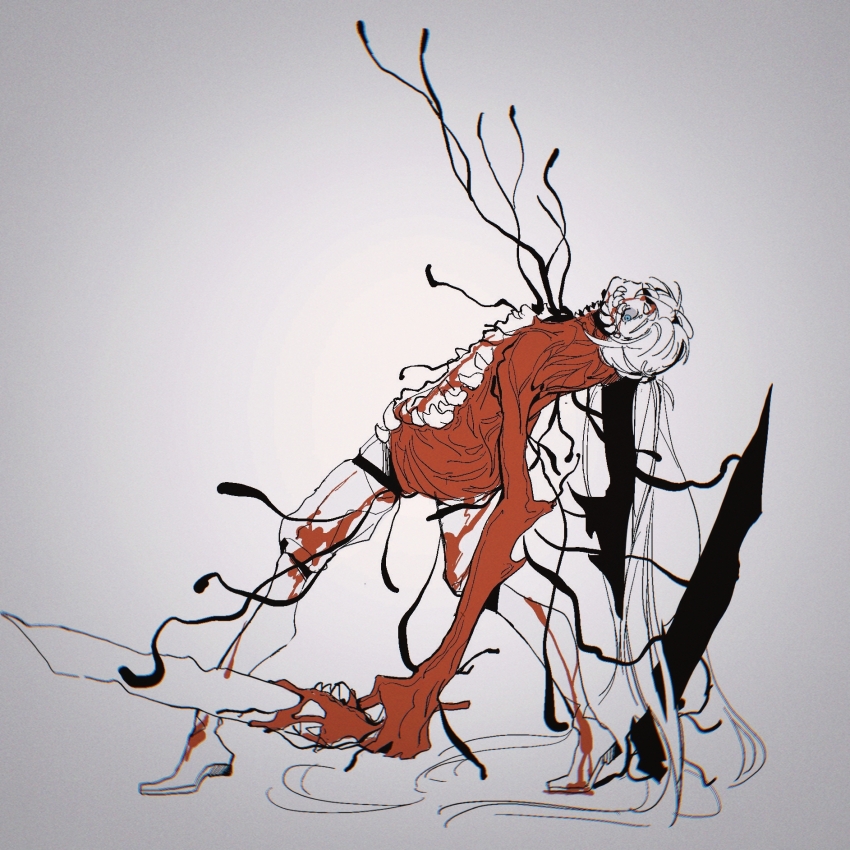 1boy aqua_eyes bent_over_backwards black_tea_yq blood body_horror chinese_commentary dimension_shredder_(e.g.o) e.g.o_(project_moon) extra_teeth flesh full_body high_ponytail highres holding holding_sword holding_weapon hong_lu_(project_moon) limbus_company limited_palette long_hair male_focus ponytail project_moon solo standing sword thigh_strap weapon