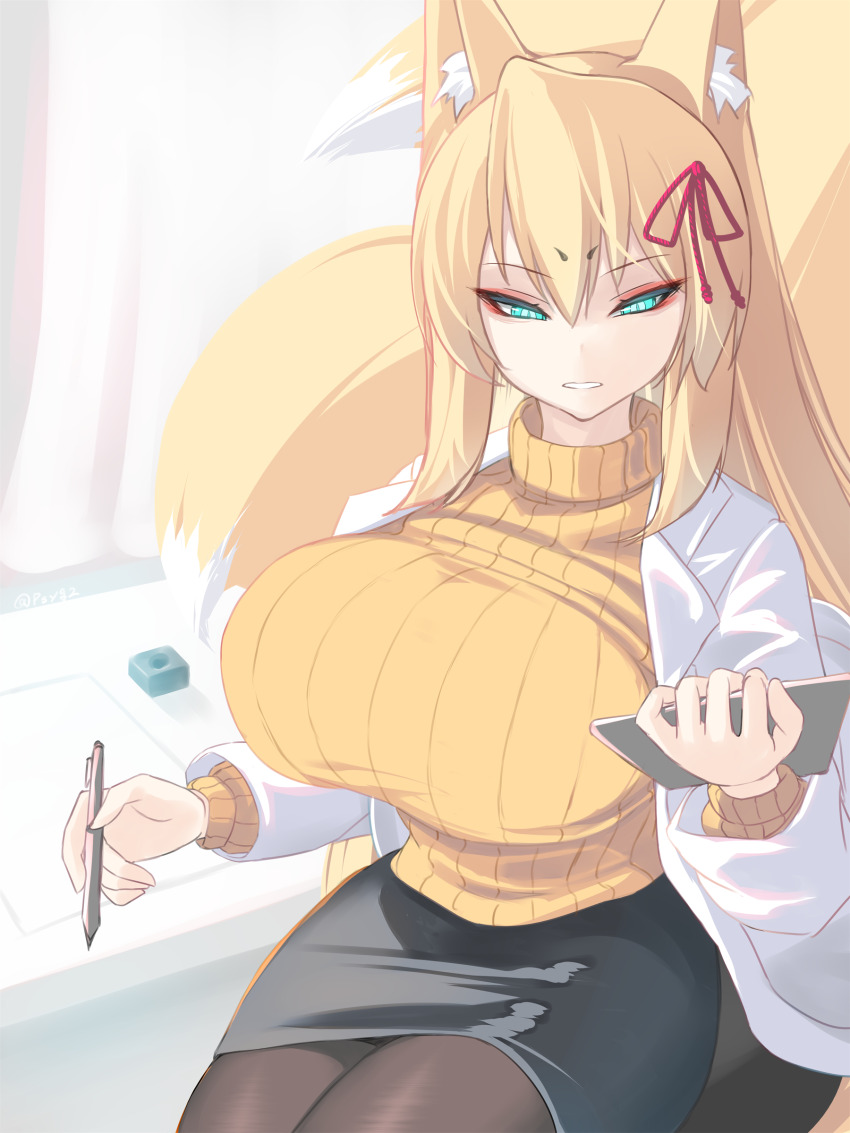 1girl absurdres alternate_form animal_ears aqua_eyes black_pantyhose black_skirt blonde_hair breasts clipboard cosplay desk eyeshadow fox_ears fox_girl fox_tail hair_between_eyes hair_ribbon highres holding holding_clipboard holding_pen impossible_clothes impossible_sweater indoors kitsune lab_coat large_breasts long_hair long_sleeves makeup mon-musu_quest! mon-musu_quest:_paradox multiple_tails pantyhose parted_lips pen pencil_skirt promestein promestein_(cosplay) red_eyeshadow red_ribbon ribbon shiki_(psychedelic_g2) sitting skirt solo sweater tail tamamo_(mon-musu_quest!) turtleneck turtleneck_sweater very_long_hair yellow_sweater