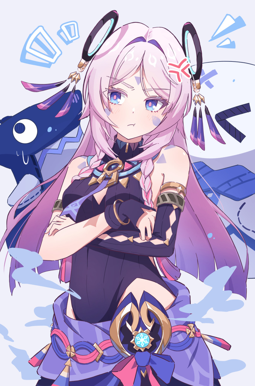 1girl :t absurdres anger_vein armlet bare_shoulders blue_eyes bracelet citlali_(genshin_impact) commentary genshin_impact grey_background highres jewelry long_hair ninji665102 pink_hair pink_pupils purple_skirt ring_hair_ornament simple_background skirt very_long_hair