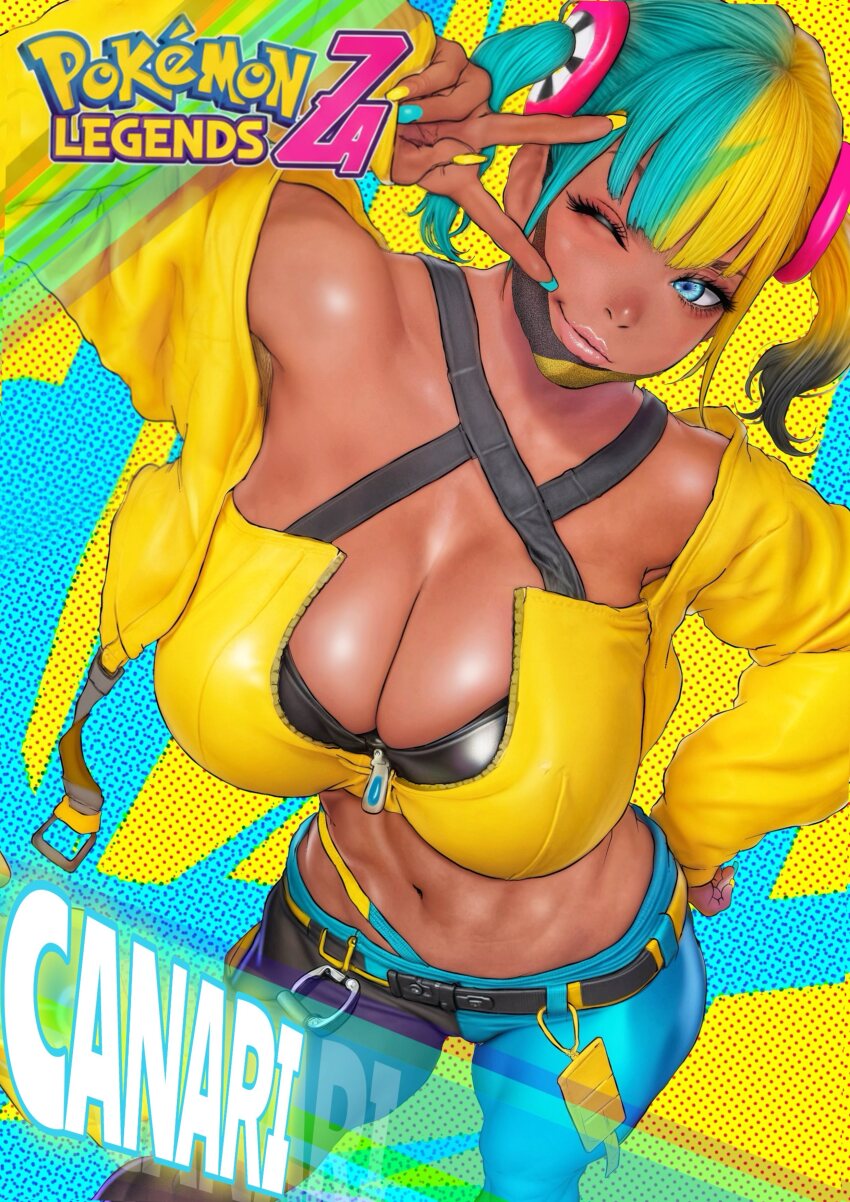 1girl absurdres alternate_breast_size_(larger) b_0_rukia bare_shoulders belt blue_eyes breasts canari_(pokemon) character_name collarbone commentary copyright_name cropped_jacket dark-skinned_female dark_skin english_commentary female_focus fingernails gyaru hand_on_own_hip highres jacket large_breasts lips long_fingernails maske multicolored_hair navel nintendo one_eye_closed pants peace_symbol pokemon pokemon_legends:_z-a shiny_skin solo solo_focus standing stomach thighs wink yellow_jacket