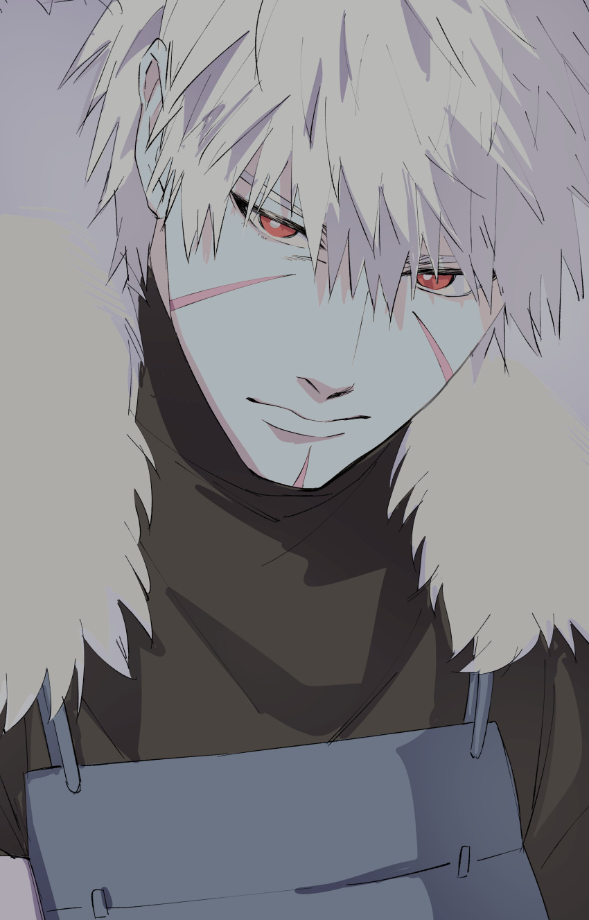 1boy absurdres armor black_shirt bright_pupils closed_mouth commentary_request fur_collar hair_between_eyes highres kemu_(19002265km) looking_at_viewer male_focus naruto_(series) pale_skin red_eyes scar scar_on_face senju_tobirama shirt short_hair solo white_hair white_pupils