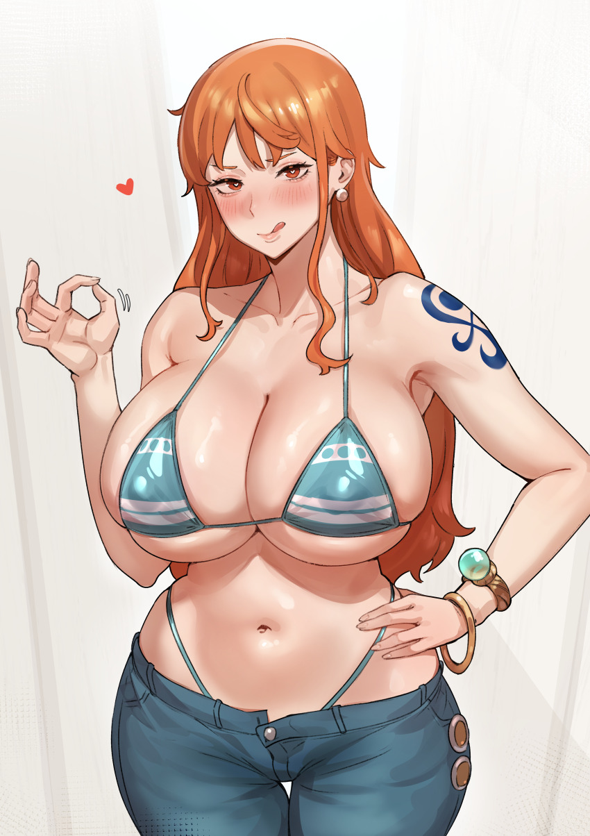1girl 5t_(5t_000) :q absurdres bangle bare_shoulders bikini bikini_under_clothes blue_pants blush bracelet breasts brown_eyes cleavage closed_mouth collarbone commentary cowboy_shot curvy denim earrings english_commentary green_bikini halterneck handjob_gesture heart heart-shaped_pupils highleg highleg_bikini highres jeans jewelry large_breasts log_pose long_hair looking_at_viewer midriff nami_(one_piece) navel one_piece orange_hair paid_reward_available pants pearl_earrings shiny_skin shoulder_tattoo single_sidelock skindentation solo stomach string_bikini swimsuit symbol-shaped_pupils tattoo thigh_gap thong thong_bikini tongue tongue_out underboob wavy_hair whale_tail_(clothing) wide_hips