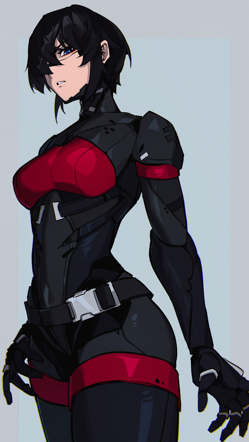 1girl absurdres belt black_eyes black_hair commentary elster_(signalis) grey_background hair_over_one_eye highres joints lewdicy looking_afar parted_lips robot_girl robot_joints short_hair signalis simple_background solo standing
