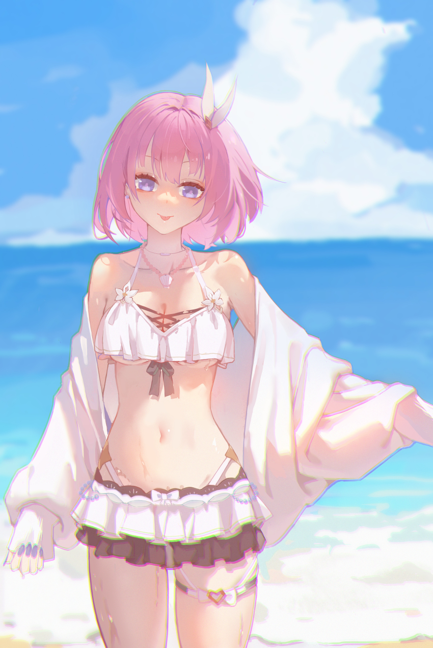 1girl absurdres beach bikini blue_sky blush breasts chinese_commentary chromatic_aberration closed_mouth cloud cloudy_sky cosplay cyrene_(honkai:_star_rail) day earrings elysia_(honkai_impact) elysia_(honkai_impact)_(cosplay) elysia_(miss_pink_elf)_(honkai_impact) elysia_(summer_miss_elf)_(honkai_impact) feng_ruoli_321 frilled_bikini frills hair_ribbon highres honkai:_star_rail honkai_(series) honkai_impact_3rd inoue_marina jewelry looking_at_viewer medium_hair nail_polish navel necklace outdoors pink_hair purple_eyes purple_nails ribbon shell shell_necklace shirt sky smile solo stomach swimsuit thigh_strap thighs tongue tongue_out underboob white_bikini white_ribbon white_shirt yanning