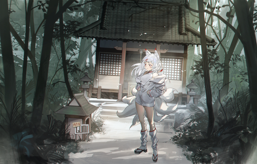 1girl animal_ear_fluff animal_ears bare_shoulders breasts building copyright_request danzir dutch_angle facial_mark forest fox_ears fox_girl fox_tail full_body hands_on_own_hips highres jacket kitsune korean_text leg_warmers long_hair long_sleeves multiple_tails nature off_shoulder outdoors red_eyes sandals scenery shirt small_breasts socks solo standing tail translation_request tree virtual_youtuber whisker_markings white_hair white_jacket white_shirt white_socks