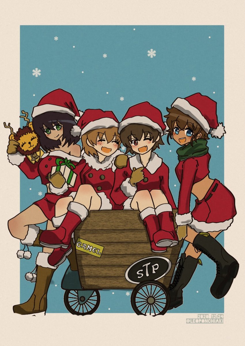 4girls animal animal_on_shoulder black_footwear blue_eyes bob_cut boots brown_eyes brown_footwear brown_gloves brown_hair brown_mittens cart christmas closed_eyes closed_mouth combat_boots commentary dark-skinned_female dark_skin dated dress fang freckles from_side fur-trimmed_jacket fur-trimmed_skirt fur_trim gift girls_und_panzer gloves green_eyes green_scarf hand_on_another&#039;s_shoulder hat highres holding holding_gift hoshino_(girls_und_panzer) jacket lace-up_boots leg_up leopon_(animal) leoponchiaki logo long_sleeves looking_at_viewer midriff miniskirt mittens multiple_girls nakajima_(girls_und_panzer) off-shoulder_jacket off_shoulder one_eye_closed open_mouth outside_border red_footwear red_jacket red_skirt santa_boots santa_costume santa_dress santa_hat scarf short_dress short_hair sitting skin_fang skirt smile snow standing standing_on_one_leg suzuki_(girls_und_panzer) tsuchiya_(girls_und_panzer) twitter_username